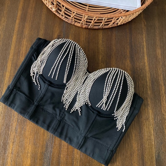 Sparkle / Diamond Fringe Bustier Style Strapless Crop Top - Picture 1 of 2